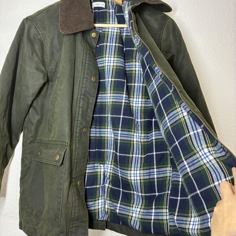 Mango Waxed Effect Barn Jacket Womens XS Green Corduroy Collar Plaid Lined - Picture 5 of 16